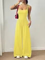 Summer stylish yellow halter jumpsuit for women featuring wide-leg pants and ruched waist - Yellow