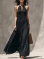 Elegant black halter neck maxi dress with a tiered skirt, perfect for vacations - S / Top And Bottom / Black