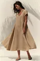 Relaxed fit cotton linen maxi dress with U-neck and elegant draped silhouette. - S / Top And Bottom / Khaki