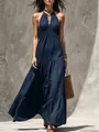 Dettaglio dell'abito lungo blu scuro a balze con scollo all'americana in stile boho chic - Taglia S / Sopra e Sotto / Blu Marino