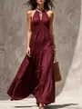 Elegant burgundy halter neck maxi dress with tiered skirt for summer vacation style. - S / Top And Bottom / Burgundy