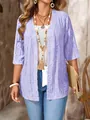 Detail view of purple hollow-out knit cardigan with boho tassel necklace and clutch - 0XL / Tops / Lavender