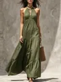 Abito lungo allacciato al collo verde oliva con gonna a balze per l'estate - Taglia S / Sopra e Sotto / Verde militare