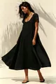 Minimalist black cotton linen maxi dress with a deep U-neck and flowing A-line cut - S / Top And Bottom / Black