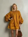 Mustard yellow loose puff sleeve babydoll dress with color-block hem and woven handbag - Khaki