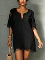 Close-up of black suede dress with V-neck, cold shoulders and fringe details - S / Black