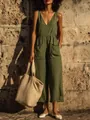 Detailed view of olive green cotton linen sleeveless jumpsuit with wide-leg design - Army Green