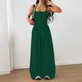 Dark green summer strappy jumpsuit with smocked bust and wide-leg design - Green
