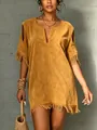 Detailed view of mustard suede dress with fringe hem and cold shoulder cut-outs - S / Orange