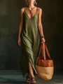 Chic olive green V-neck sleeveless slit maxi dress for resort style vacation - Army Green