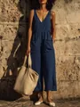 Chic navy blue cotton linen V-neck sleeveless jumpsuit with wide legs for summer comfort. - S / Top And Bottom / Navy Blue