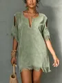Detailed view of women's green suede dress with fringe hem and cold shoulder cutout sleeves - S / Light Green