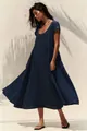 Elegante abito lungo in cotone e lino blu scuro con scollo a U e maniche - Blu navy