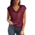 Close-up view showing the elegant wine red sequined texture of a V-neck party top - S / Tops / Red