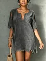 Washed gray faux suede fringe mini dress featuring a deep V-neck and cold-shoulder design - Dark Gray