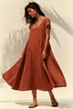 Full view of a terracotta cotton linen maxi dress with U-neck and loose A-line silhouette - S / Top And Bottom / Brick Red