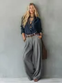 Full-length detail of grey high-waisted wide-leg trousers for a chic professional look - S / Bottoms / Dark Gray