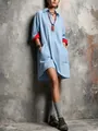 Loose blue shirt dress with red cuffs and lapel collar for casual summer wear - S / Top And Bottom / Sky Blue
