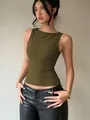 Slim fit olive green sleeveless tank top with minimalist round neck design - S / Tops / Army Green
