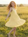 Girl's yellow sleeveless summer dress with shoulder ties in an outdoor sunny field - 110cm / Top And Bottom / Yellow