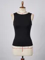Detailed view of a black sleeveless elastic slim fit vest top displayed on a dress form. - S / Tops / Black