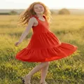 Vibrant red sleeveless tiered summer dress for girls in a natural meadow field - 110cm / Top And Bottom / Red