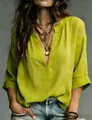 Casual V-neck linen shirt for women featuring lime green texture and rolled sleeves. - S / Tops / Yellow-Green