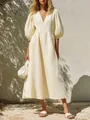 Elegant cream V-neck puff sleeve maxi dress featuring linen texture and A-line silhouette - S / Tops / Apricot