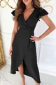 Detail of elegant black V-neck wrap dress with ruffle sleeves and irregular hemline - S / Bottoms / Black