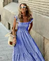 Elegant blue and white gingham midi dress with smocked bodice and ruffled straps - S / Tops / Sky Blue