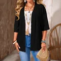 Dames plus size zwart opengewerkt gebreid vest casual top met open voorkant voor de lente - 0XL / Tops / Zwart