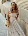 Summer gingham maxi dress with elastic smocked bodice and plaid pattern - S / Tops / Off White