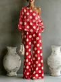 Completo due pezzi estivo rosso a pois a spalle scoperte con eleganti pantaloni larghi - Taglia S / Top E Pantaloni / Rosso