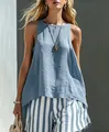 Relaxed fit blue sleeveless cotton linen tank top for women with a minimalist aesthetic - S / Top And Bottom / Aqua