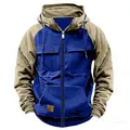 Men's hooded patchwork workwear hoodie with multiple pockets and full zipper design. - 3XL / Tops / Blue Spliced Khaki