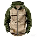 Front detail of men's cargo hooded sweatshirt with multi-pockets and two-tone design - 3XL / Tops / Khaki and Army Green