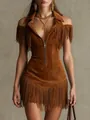 Close-up of Western style brown suede dress with fringe details and off-shoulder design - S / Dark Brown