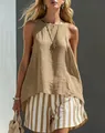 Close-up of sleeveless cotton linen tank top in khaki with irregular hem design - Khaki