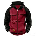 Detail view of men's color block hooded sweatshirt with multi-pocket workwear design. - 3XL / Tops / Wine Red and Black
