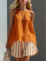 Chic casual summer cotton linen set featuring orange sleeveless top and striped shorts detail - S / Top And Bottom / Orange Red