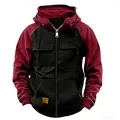 Sweat-shirt à capuche pour hommes avec fermeture éclair, poches multiples et patch - 3XL / Hauts / Noir et Rouge Vin