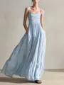 Elegant blue and white striped maxi dress with thin spaghetti straps and side pockets - S / Top And Bottom / Blue