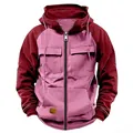 Front detail view of a men's cargo zip-up hoodie featuring maroon sleeves and multi-pocket design - 3XL / Tops / Lotus Color and Wine Red