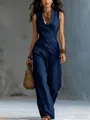 Schickes marineblaues Set aus V-Ausschnitt-Wickeloberteil und weiter Hose für Damen - S / Oberteil Und Unterteil / Marineblau