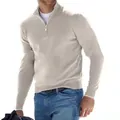 Detailed view of men's fall casual quarter-zip wool sweater in light grey melange texture - Off White
