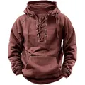 Detailed view of vintage burgundy lace-up hoodie with a front kangaroo pocket design - 3XL / Tops / Wine Red Lace-up Style