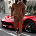 Detail view of brown corduroy men's half-zip tracksuit set with ribbed texture - S / Top And Bottom / Dark Khaki