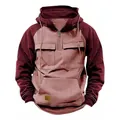 Detailed view of men's vintage color-blocked fleece hoodie featuring half-zip and pockets - 3XL / Tops / Lotus Color and Wine Red