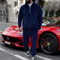 Men's navy blue corduroy tracksuit set with half-zip sweatshirt and matching pants - S / Top And Bottom / Navy Blue