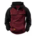 Front view of men's retro color block hoodie in maroon and black with dual chest pockets - 3XL / Tops / Wine Red & Black